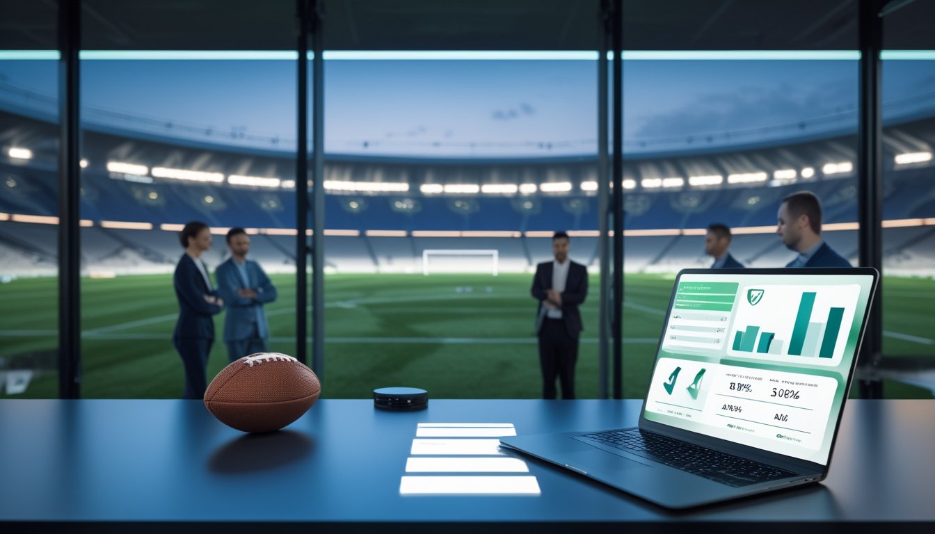 Tim analis dewasa meninjau data sepak bola di ruang kerja modern dengan stadion terlihat melalui jendela.