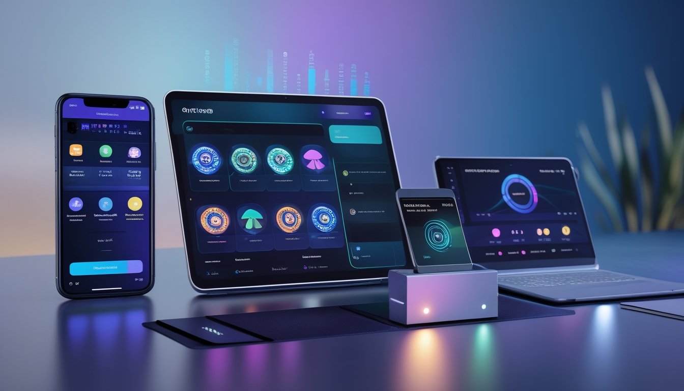 Perangkat digital menampilkan antarmuka kasino dan pembayaran QR serta dompet elektronik di atas meja modern.