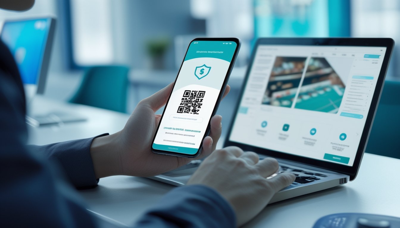 Seseorang memindai kode QR pada ponsel di samping laptop dengan simbol perlindungan dan keamanan digital.