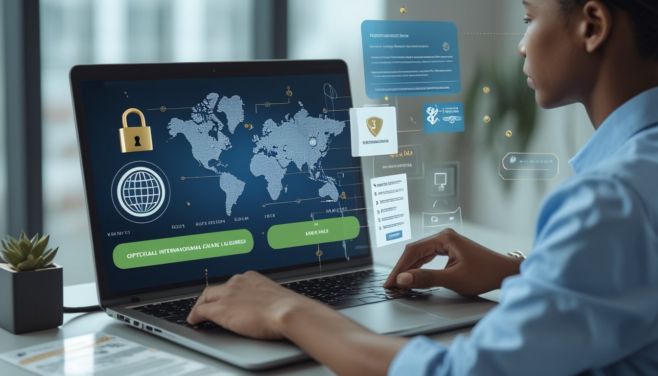 Seorang profesional membandingkan platform kasino online dengan simbol keamanan, verifikasi, dan lisensi internasional.