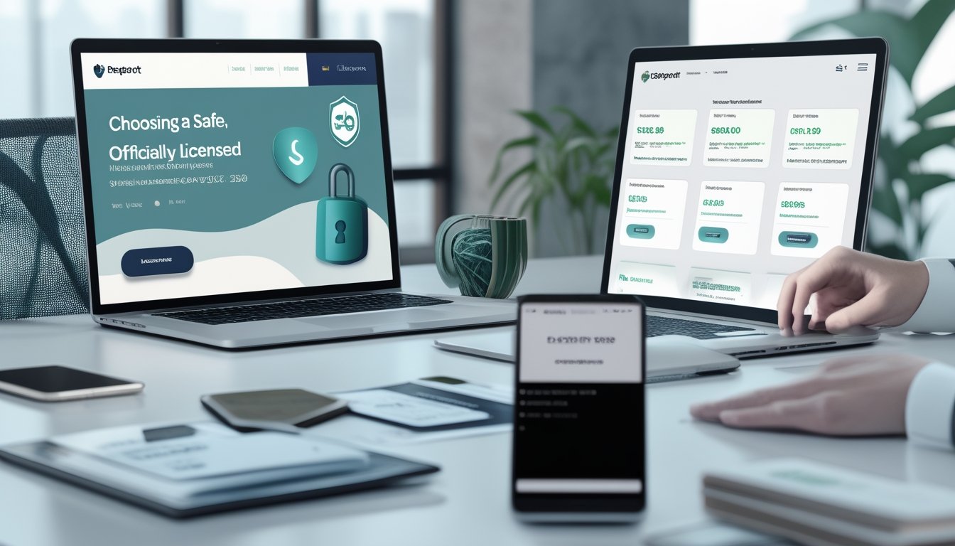 Seorang profesional memeriksa platform kasino online di laptop dengan simbol keamanan, lisensi internasional, dan verifikasi di meja kerja.