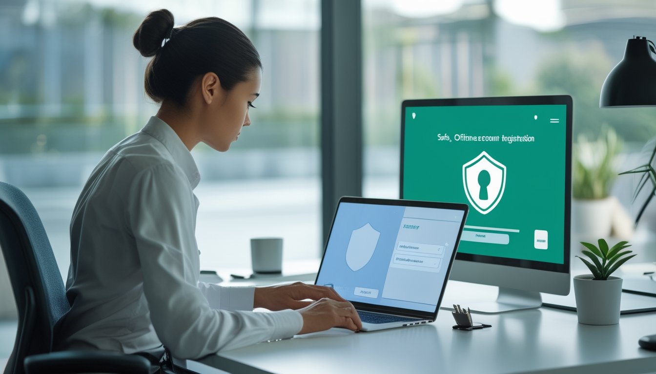 Seseorang menggunakan laptop dan ponsel untuk membuat akun secara aman di meja kerja modern.