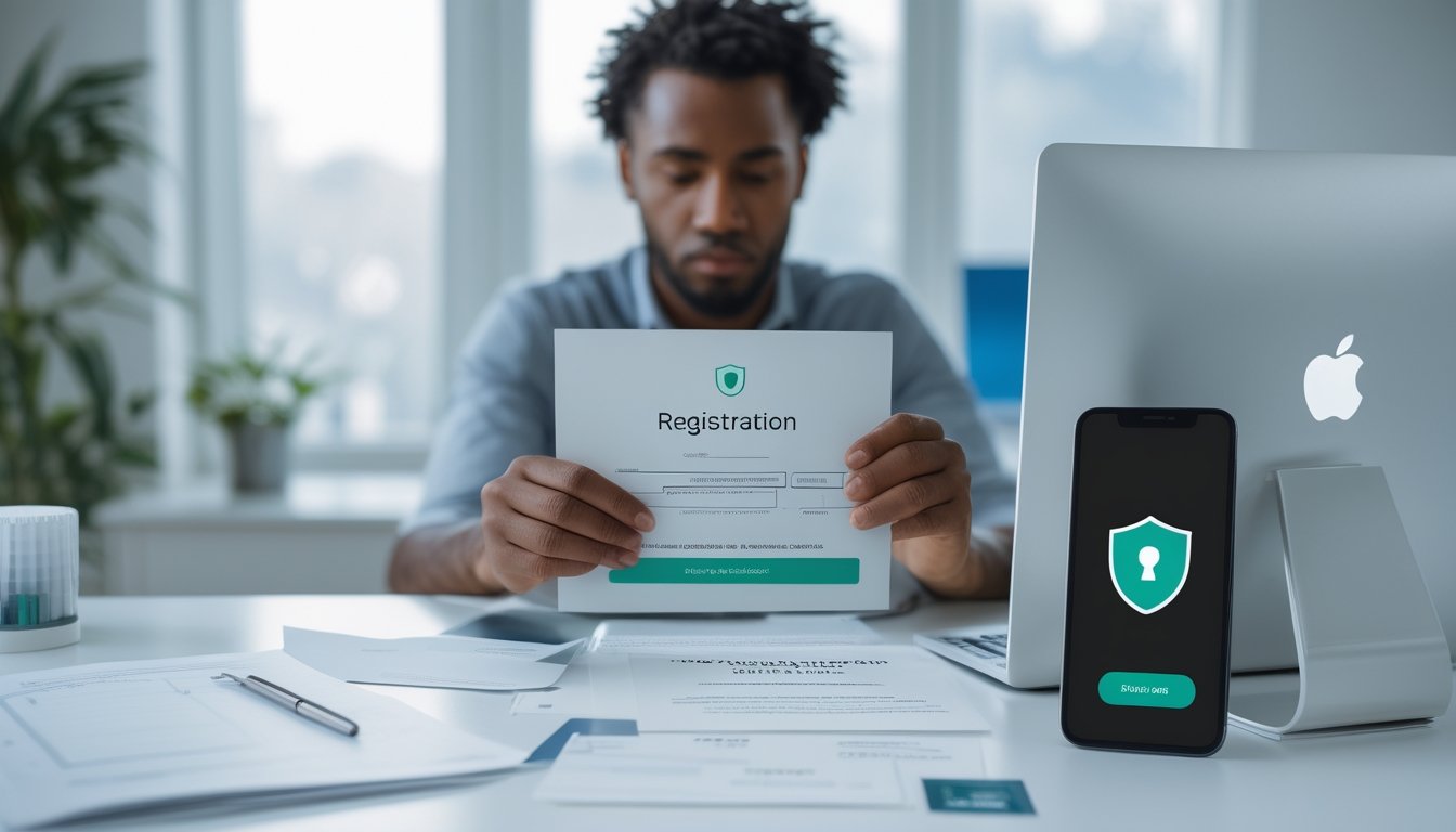 Seseorang memeriksa keamanan dan legalitas platform pendaftaran melalui laptop dan ponsel.
