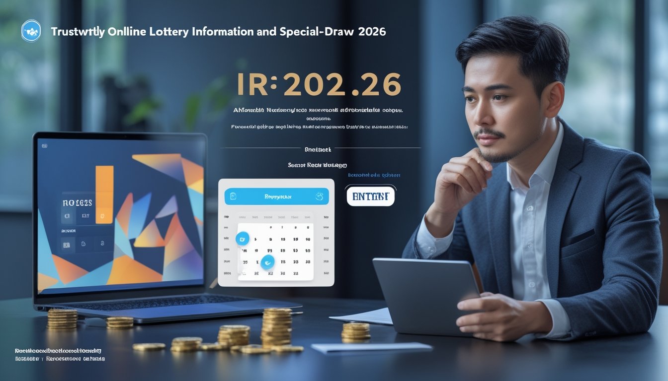 Seorang profesional meninjau informasi undian daring di meja kerja dengan laptop, ponsel, kalkulator, kalender, dan koin.
