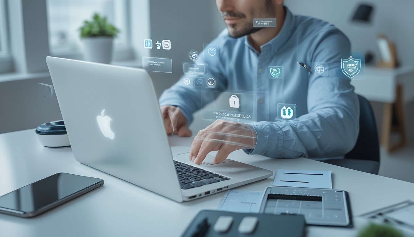 Seseorang membandingkan fitur keamanan dan biaya platform digital menggunakan laptop dan ponsel di meja kerja.