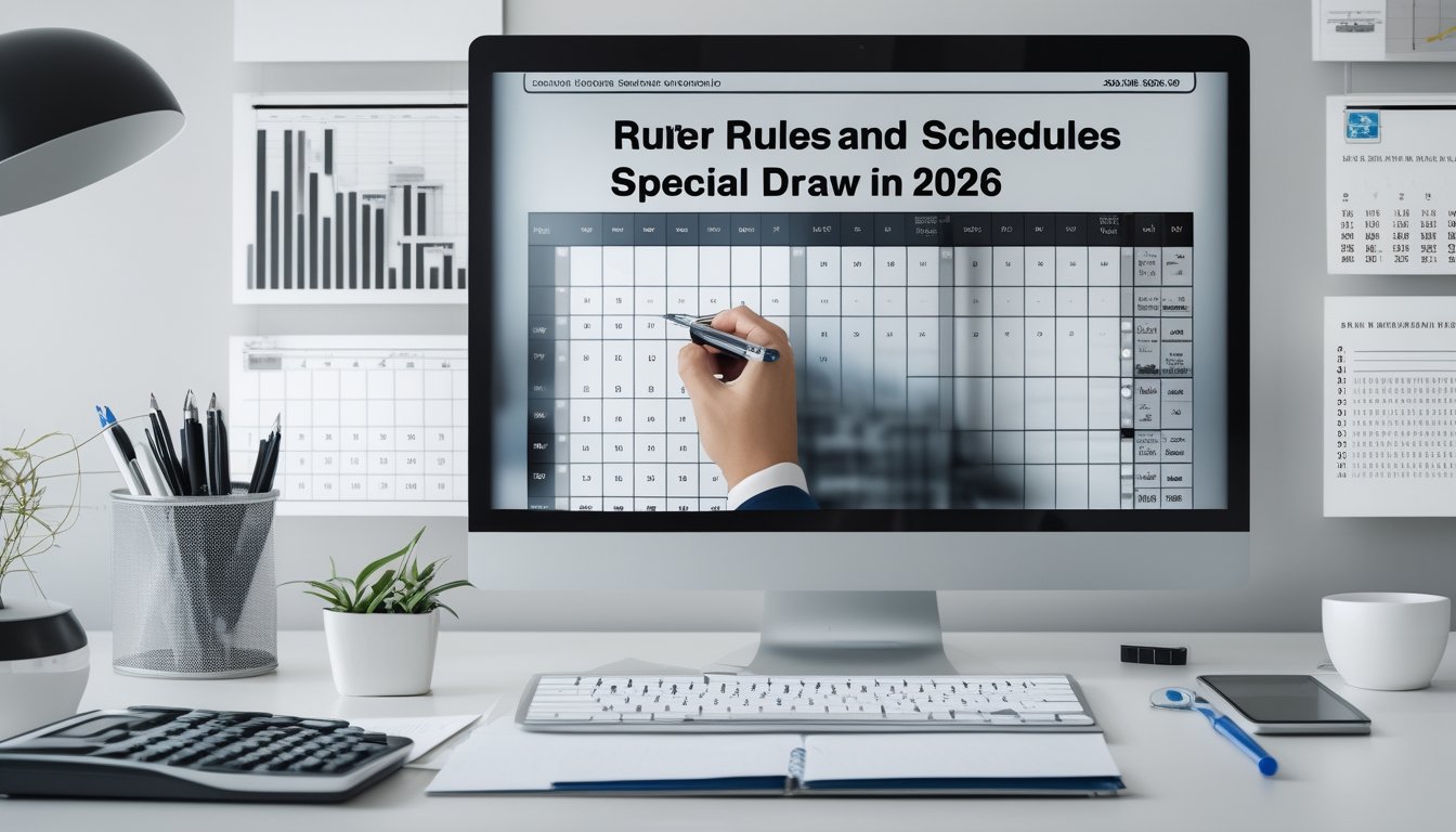 Seorang analis meninjau kalender, jadwal, dan grafik data di meja kerja.
