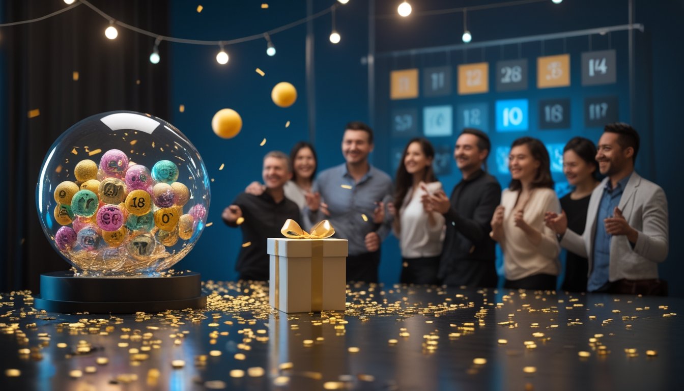 Orang-orang dewasa merayakan acara undian dengan drum bola berwarna, konfeti emas, dan kotak hadiah.