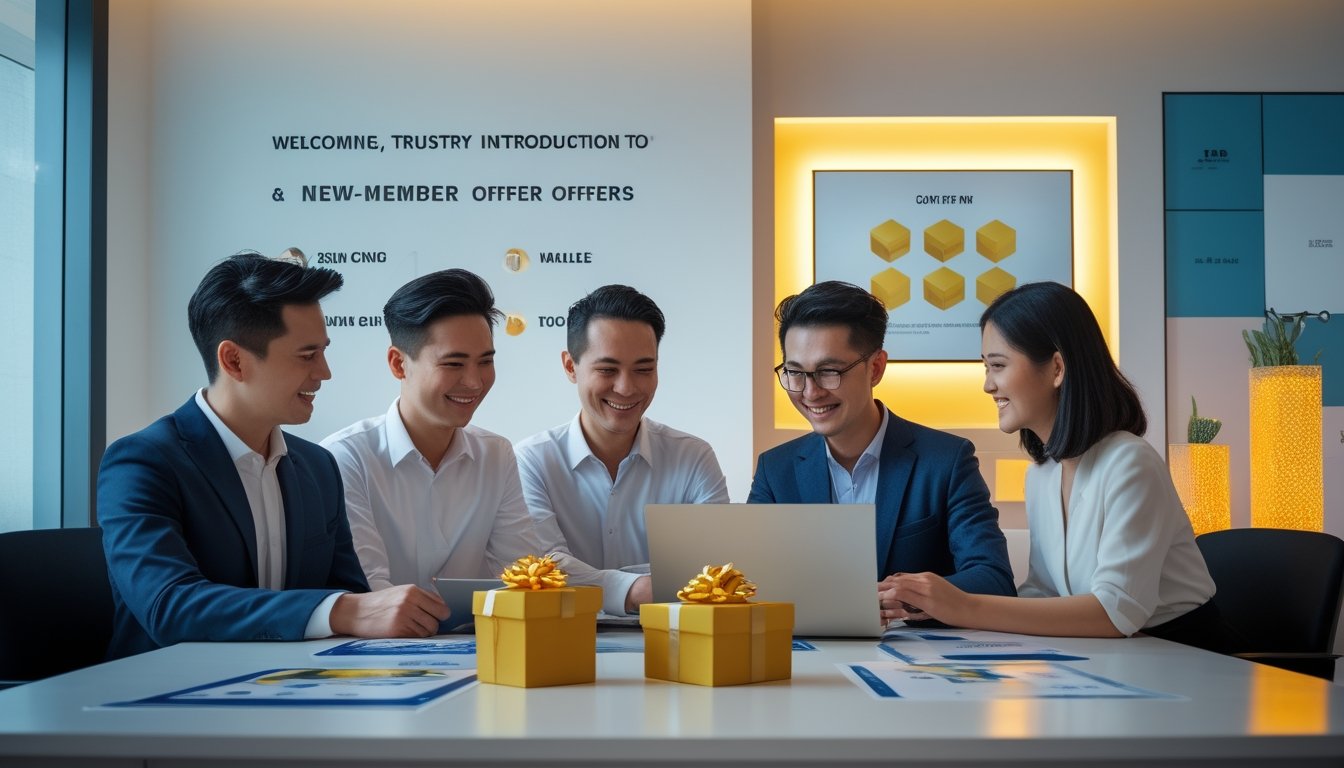 Sekelompok profesional sedang membahas penawaran promosi dan hadiah di ruang kerja modern.