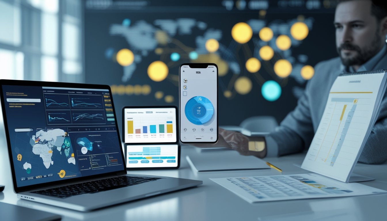 Tim profesional meninjau data digital dan kalender di ruang kerja modern.