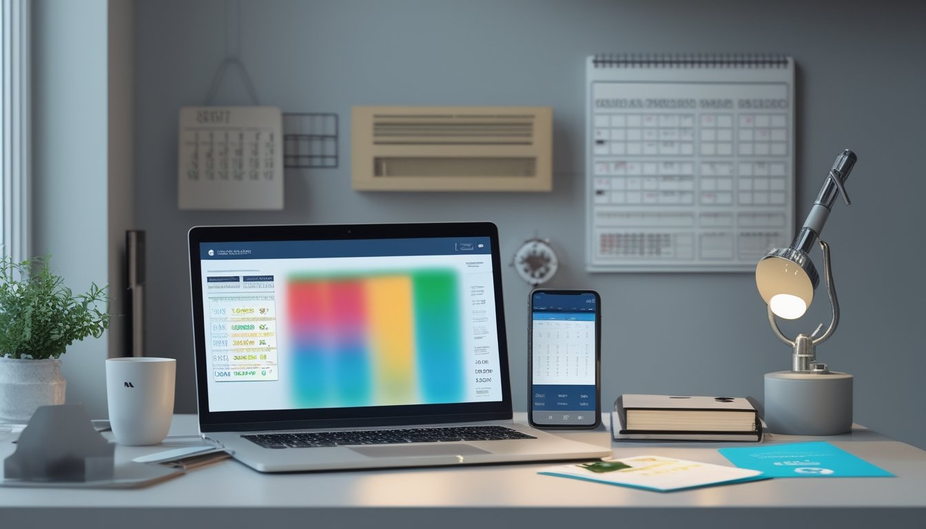 Meja kerja modern dengan laptop, tablet, dan ponsel yang menampilkan antarmuka data abstrak serta kalender yang diburamkan.