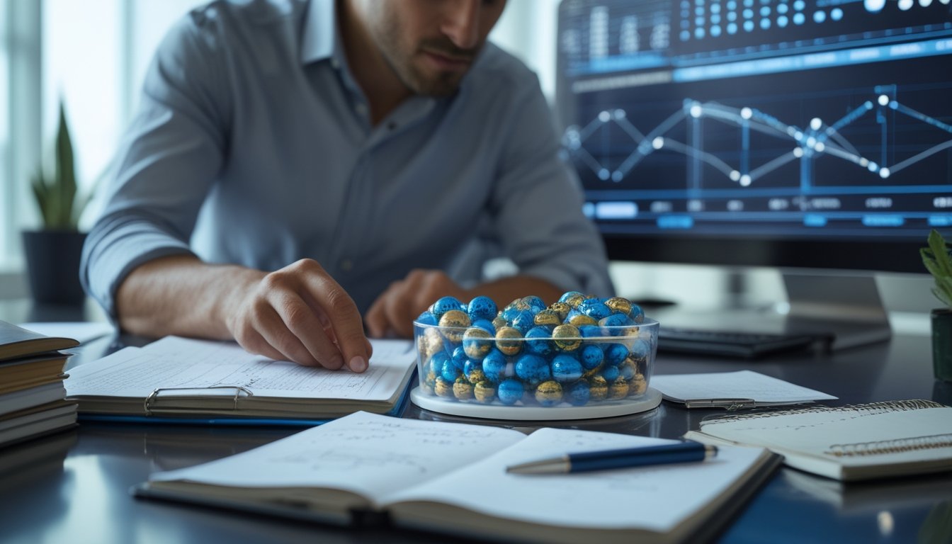 Seorang analis mempelajari bola undian bernomor dan visualisasi data di ruang kerja modern.