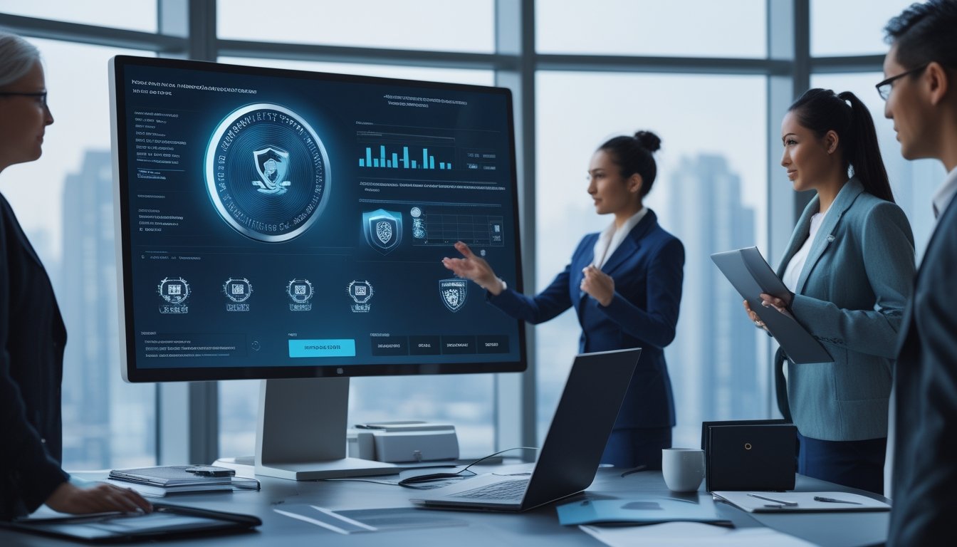 Sekelompok profesional meninjau keamanan dan kepatuhan platform digital di kantor modern.