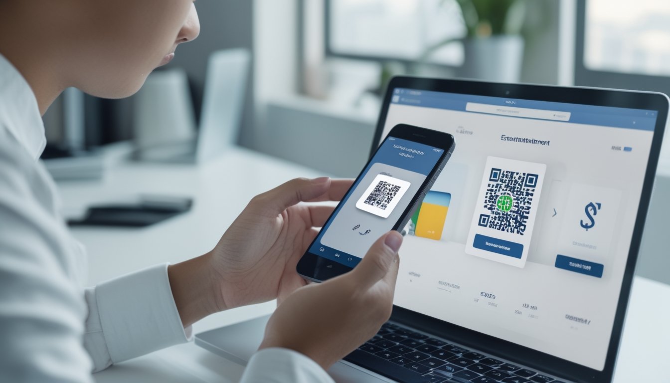Pengguna dewasa melakukan pembayaran digital dengan memindai kode QR menggunakan ponsel di meja kerja modern.