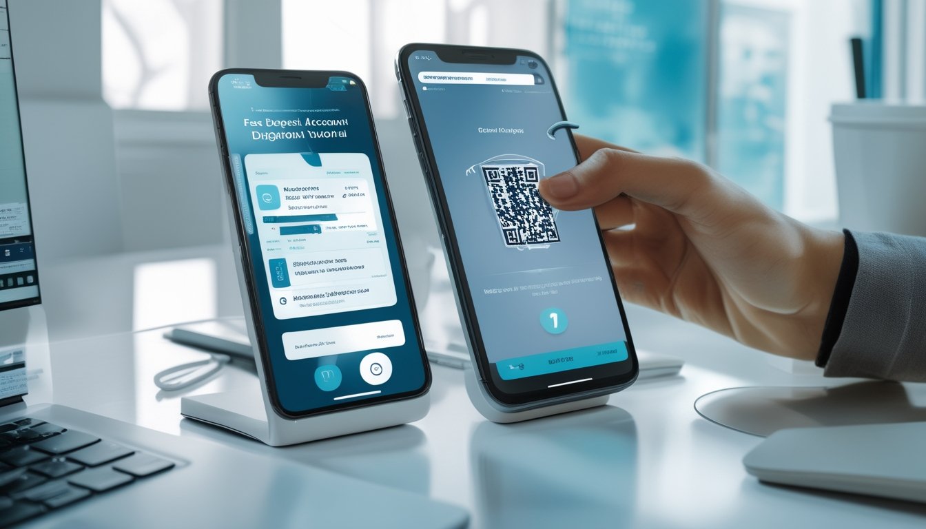 Tangan memindai kode QR pembayaran menggunakan ponsel di meja kerja modern.