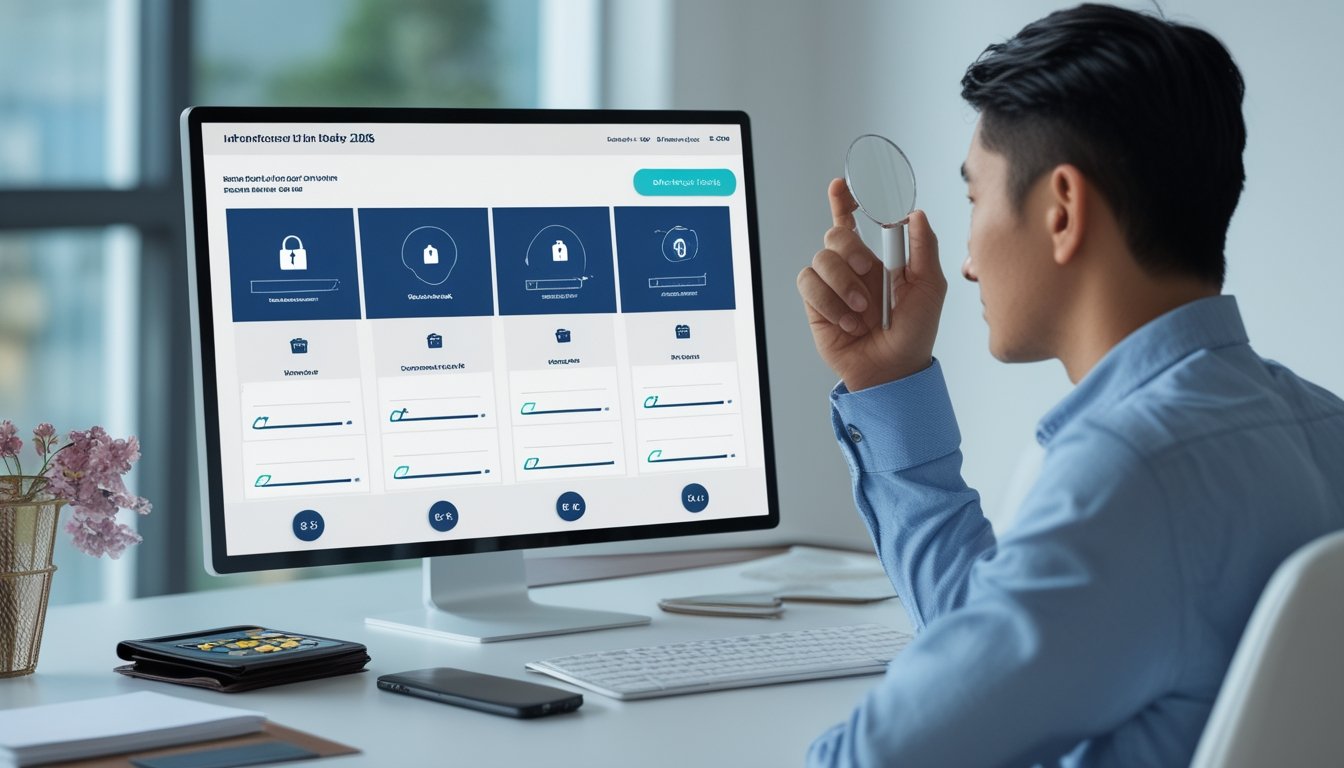 Orang dewasa membandingkan beberapa platform digital secara hati-hati di meja kerja dengan laptop, ponsel, kalkulator, dan simbol keamanan.