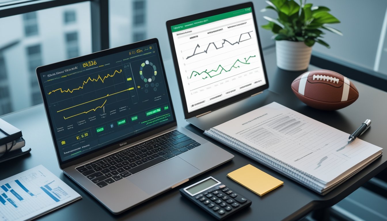 Meja analis dengan laptop berisi grafik pertandingan sepak bola, bola, buku catatan kosong, dan kalkulator.