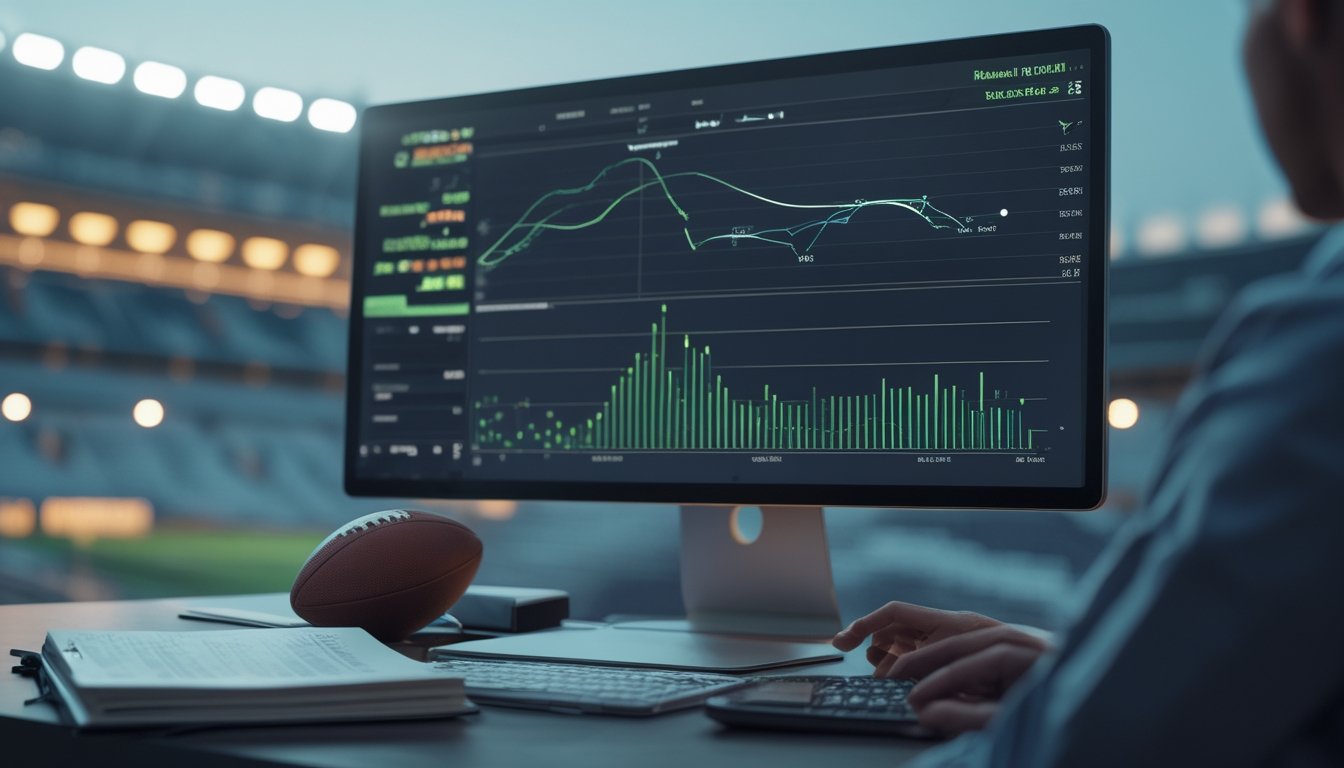 Meja analisis sepak bola dengan monitor grafik statistik abstrak, bola, buku catatan, dan stadion yang tampak samar di latar belakang.