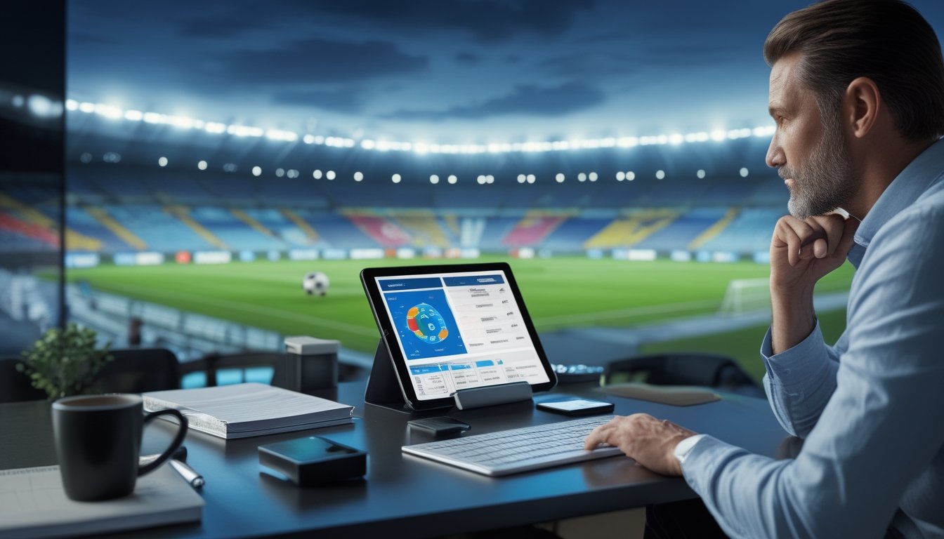 Seorang analis sepak bola membandingkan data turnamen di meja kerja dengan latar stadion yang diterangi lampu.