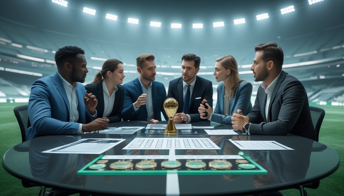 Sekelompok analis sepak bola membahas kemungkinan juara turnamen di ruang media stadion dengan bagan dan trofi sepak bola tanpa tulisan.
