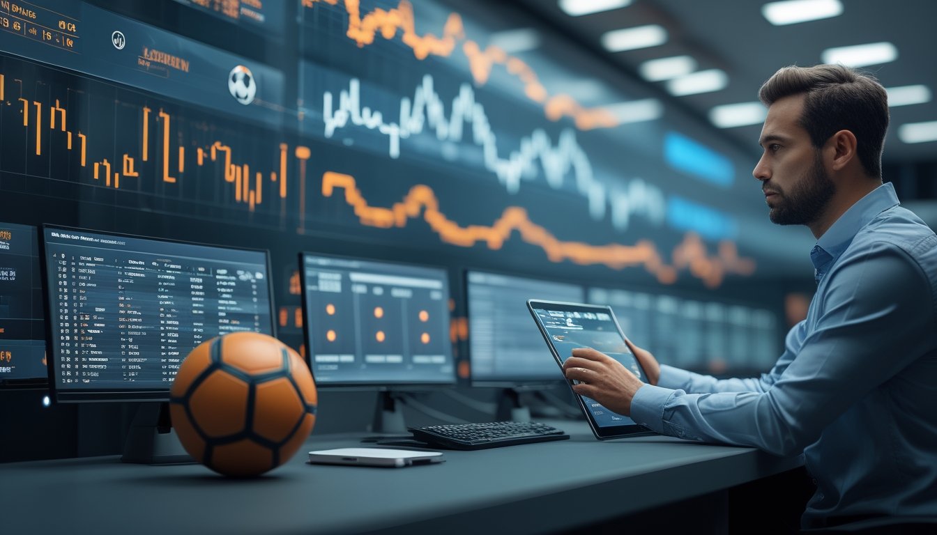 Analis olahraga mengamati grafik pergerakan peluang dan bagan undian sepak bola pada beberapa layar.