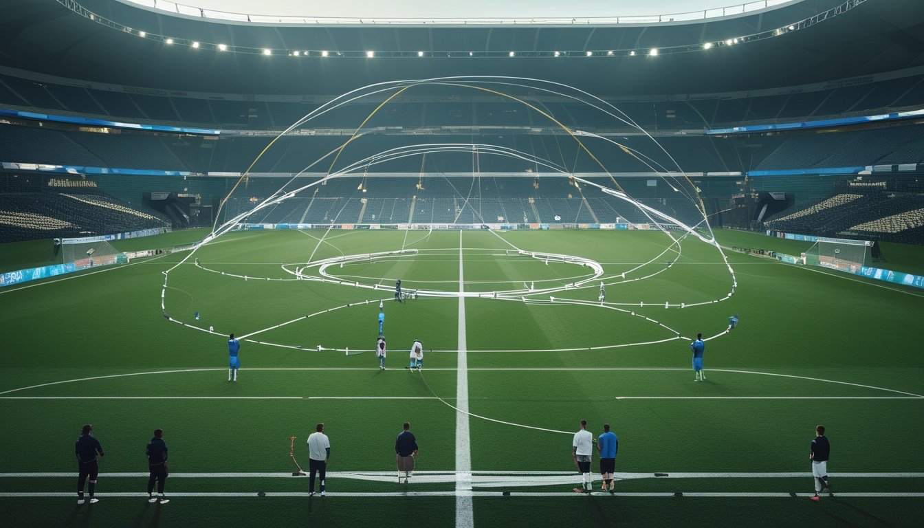 Stadion sepak bola modern dengan pemain dan jalur visual menuju babak gugur.