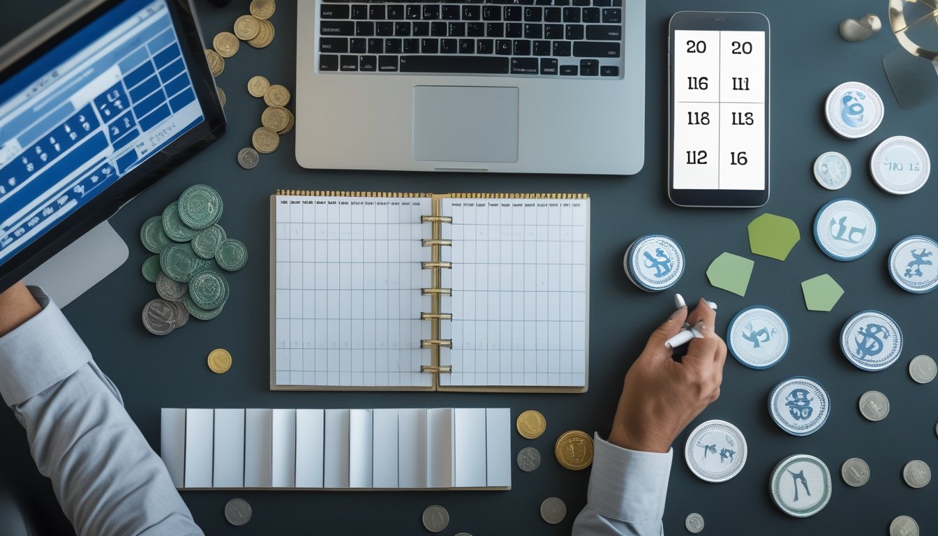 Meja kerja dengan laptop, kalender, kalkulator, koin tertata, dan bola sepak yang menggambarkan perencanaan anggaran taruhan secara disiplin.