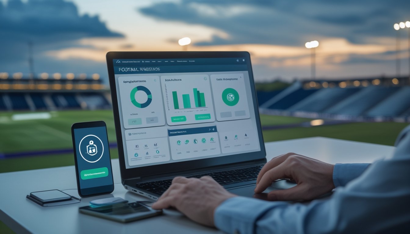 Meja analis dengan laptop berisi statistik pertandingan sepak bola, tablet, ponsel, dan bola di depan stadion yang tampak samar.