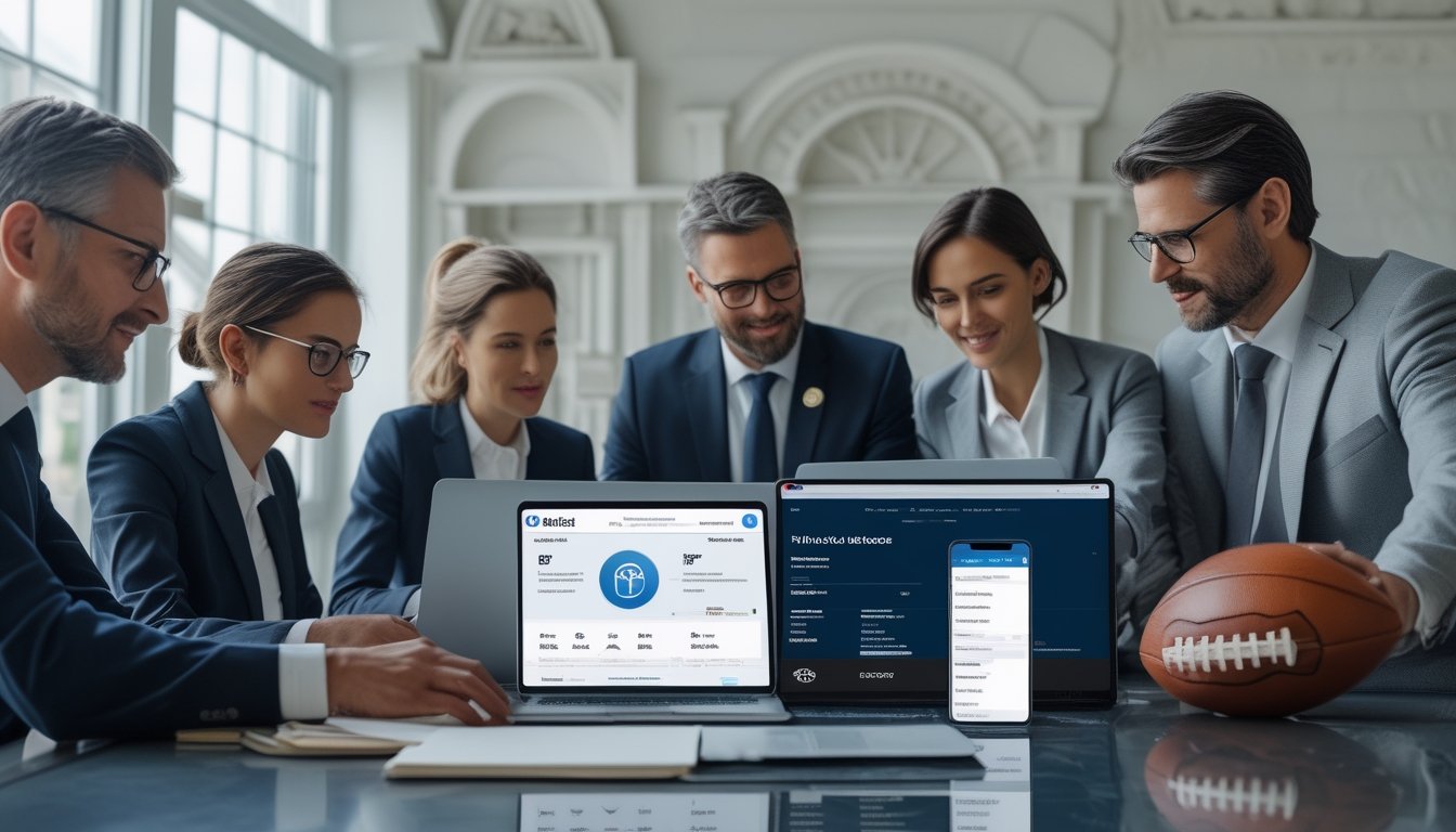 Sekelompok profesional memeriksa legalitas dan keamanan platform sepak bola melalui laptop dan dokumen di kantor modern.