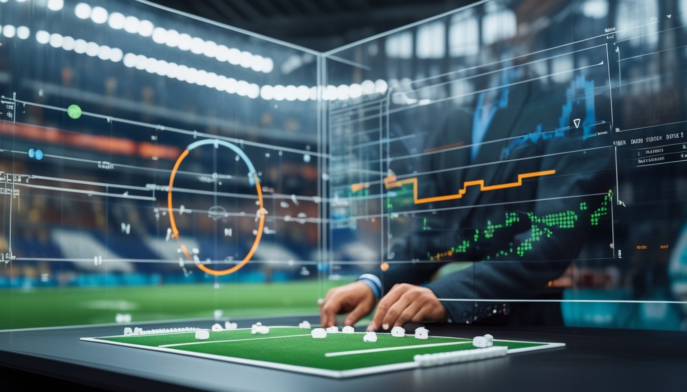 Analis sepak bola mengatur token tim di depan visualisasi abstrak peluang dan pergerakan pasar taruhan.