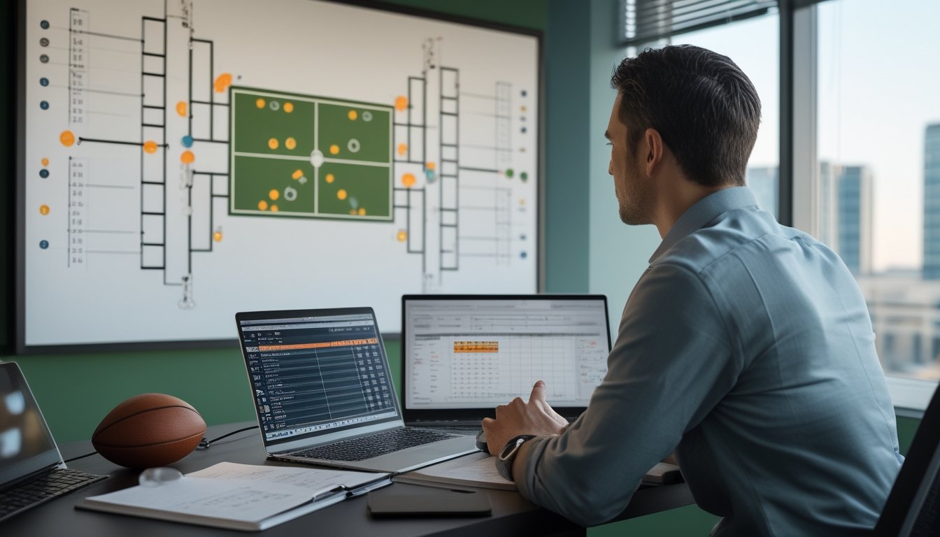 Seorang analis olahraga mempelajari bagan turnamen sepak bola dan grafik statistik di ruang kerja modern.