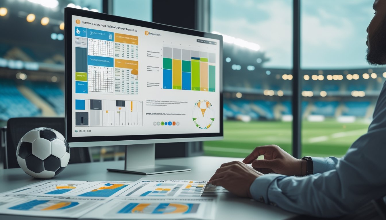 Analis meninjau data pertandingan sepak bola di meja kerja dengan bola dan layar analitik.