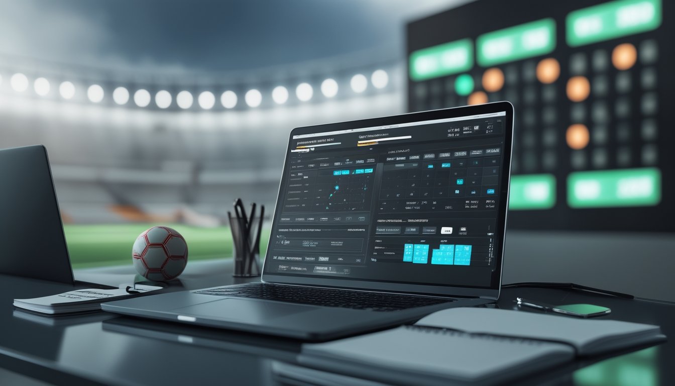 Meja kerja modern dengan laptop berisi analisis pertandingan sepak bola, kalender, bola, dan perlengkapan pencatatan.