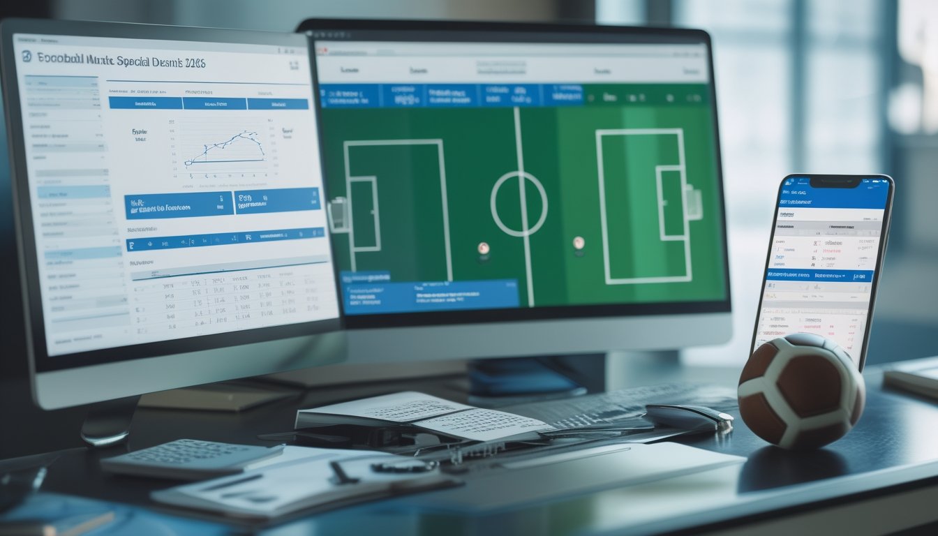 Meja kerja modern dengan layar analisis statistik pertandingan sepak bola, kalkulator, ponsel, buku catatan, dan bola sepak.