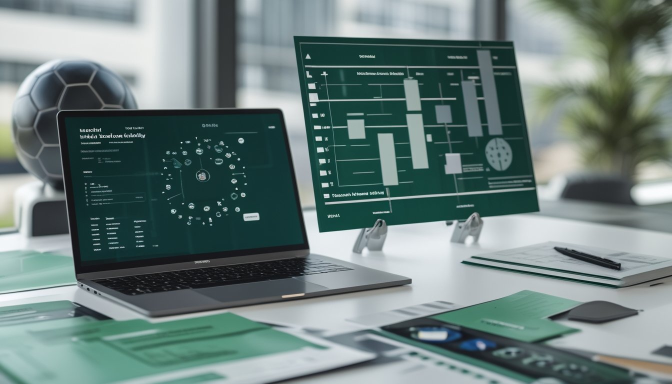 Meja analisis sepak bola dengan laptop, grafik probabilitas abstrak, papan pertandingan kosong, dan bola sepak.