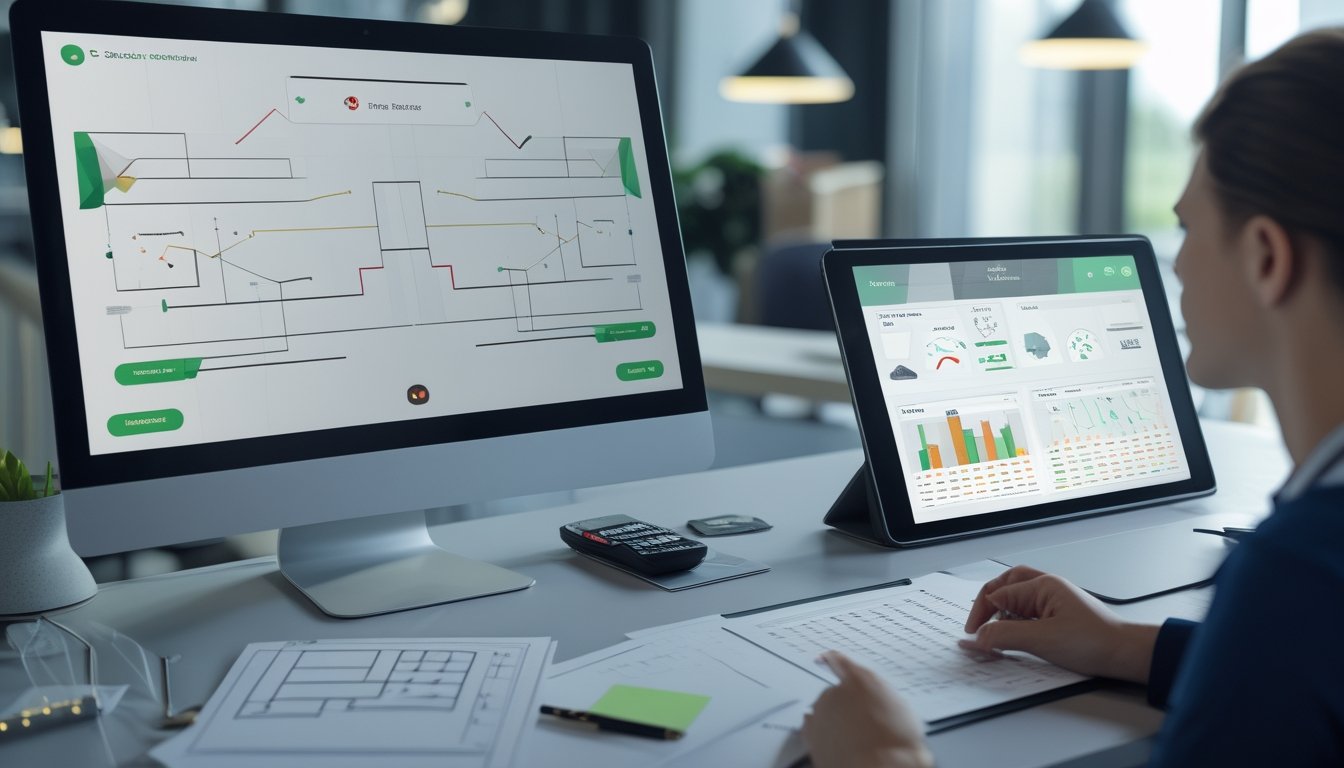 Meja analis dengan layar yang menampilkan bagan pertandingan dan grafik data olahraga abstrak.