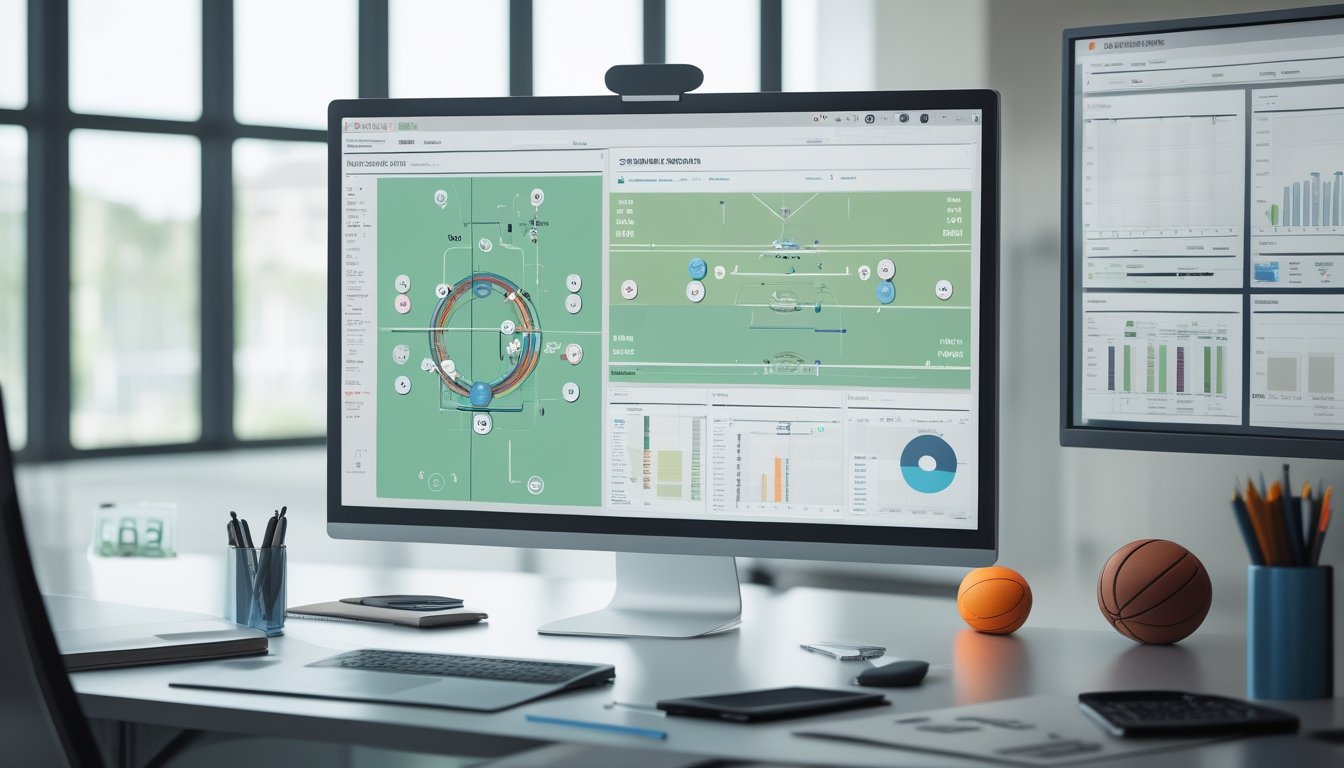 Meja kerja modern dengan layar yang menampilkan bagan hasil pertandingan dan grafik analisis olahraga.