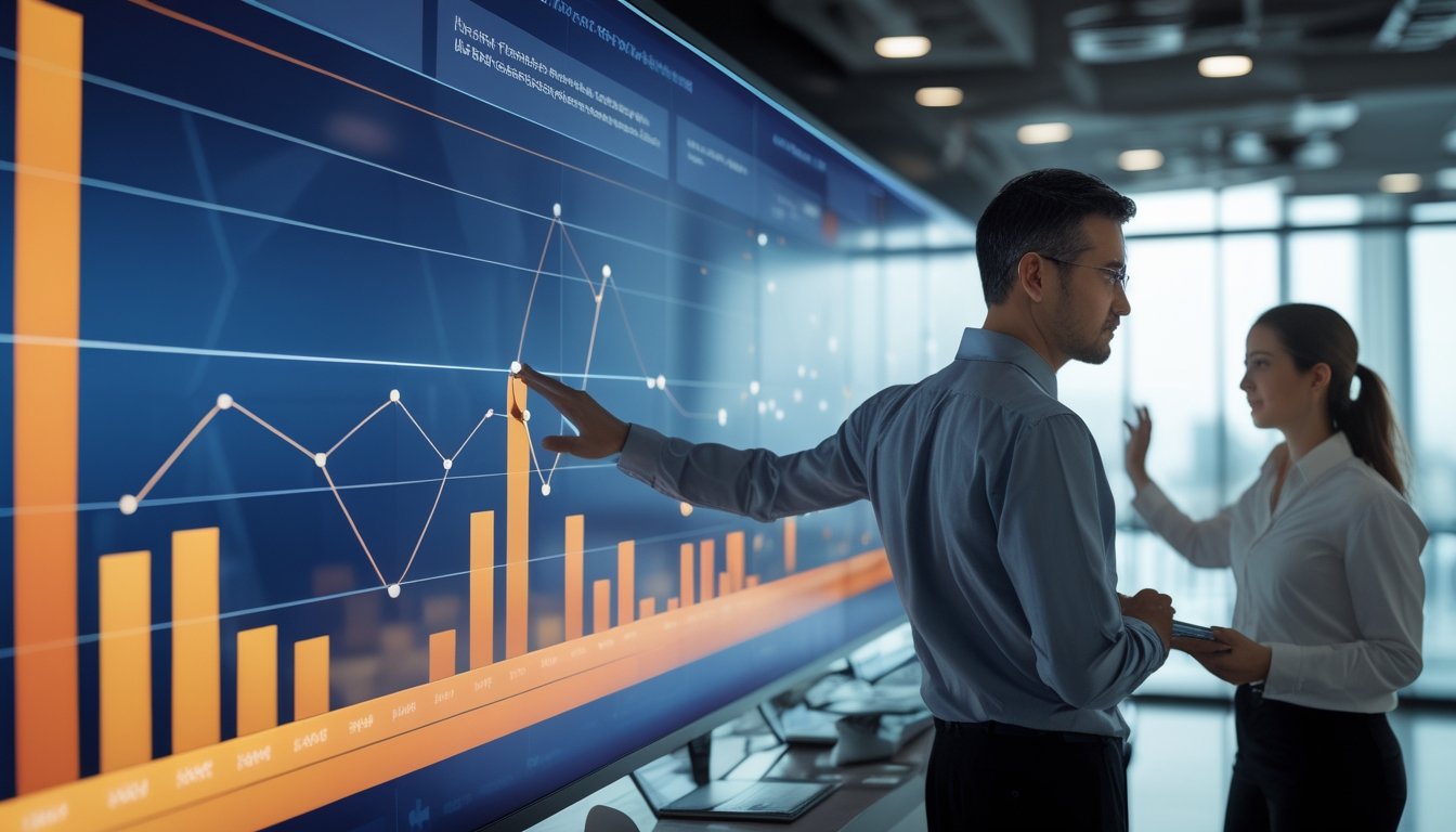 Dua analis membandingkan tren data pada dashboard digital di ruang kerja modern.