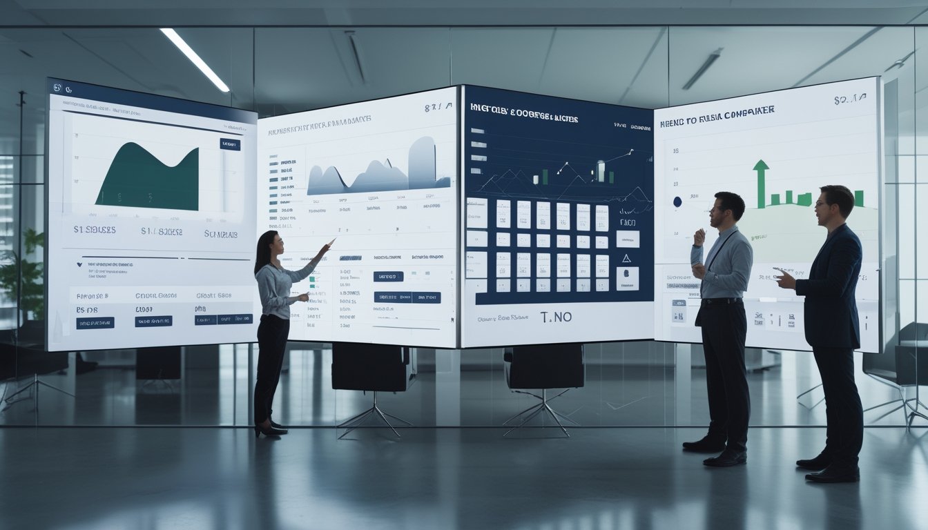 Analis dewasa membandingkan dua dasbor data pada layar komputer di kantor modern.
