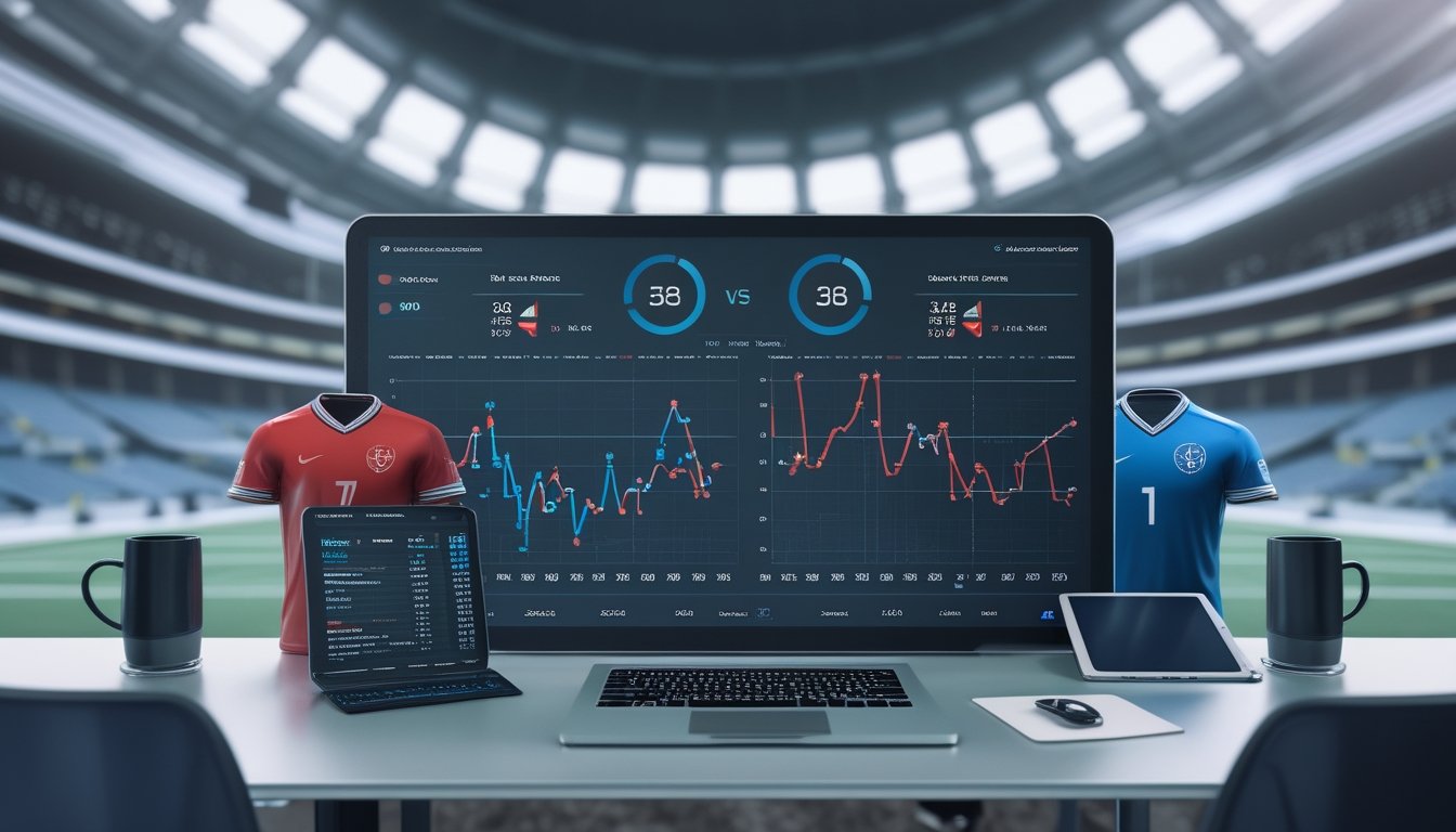 Meja analisis dengan dua tim olahraga berwarna biru dan merah serta grafik perbandingan digital tanpa tulisan.