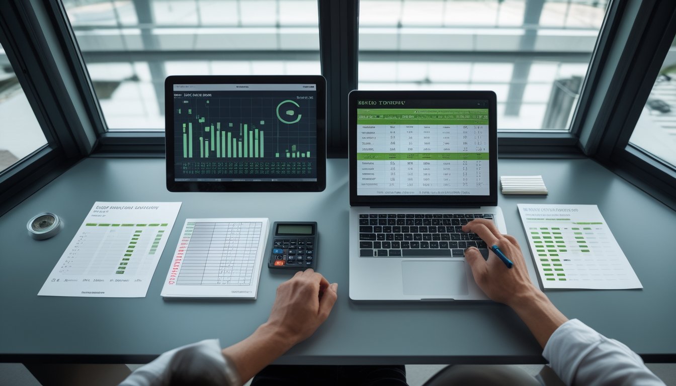 Meja kerja analis dengan dua susunan tabel angka, grafik statistik, kalkulator, dan laptop yang membandingkan data taruhan.