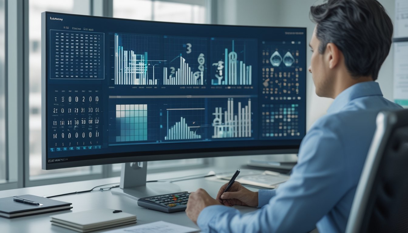Seorang analis memeriksa pola perbandingan angka dan grafik data di ruang kerja modern.