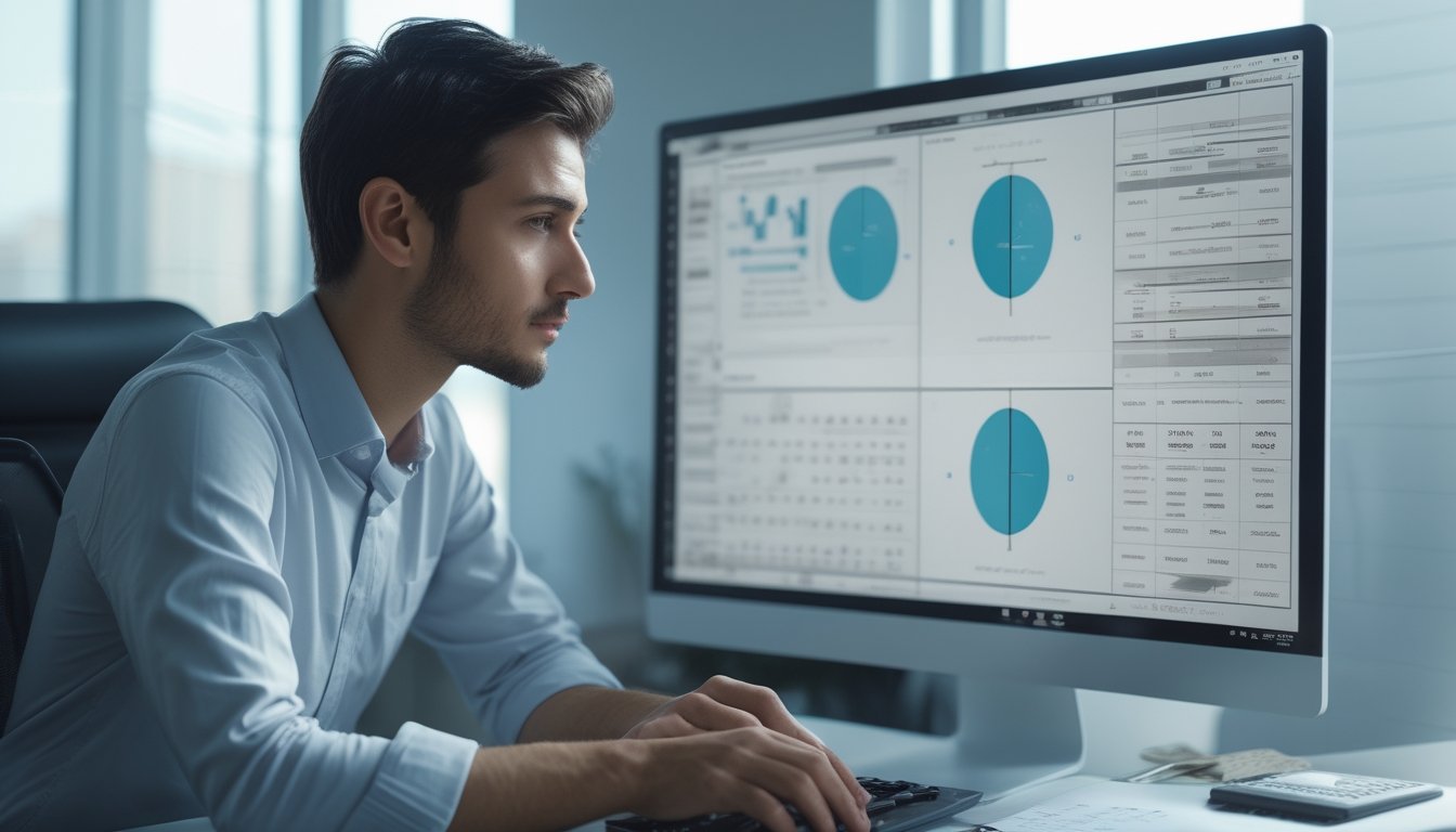 Analis data membandingkan grafik statistik dan pola probabilitas pada beberapa layar komputer di ruang kerja modern.