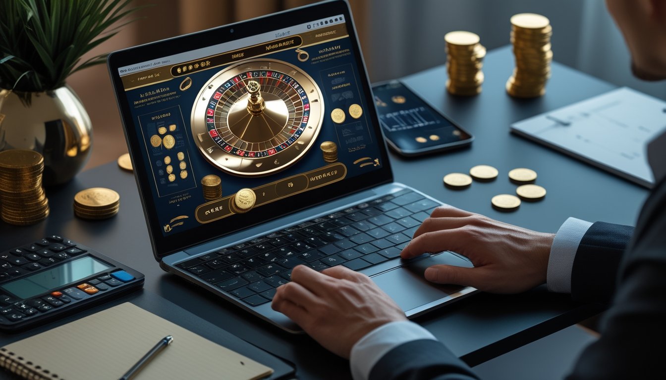 Seseorang menggunakan laptop untuk bermain roulette bertema emas di meja kerja dengan koin dan catatan kosong.