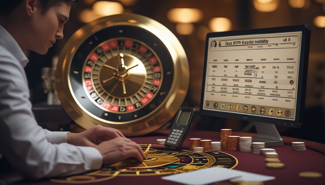 Pemain mempelajari roda roulette emas dengan chip dan catatan kosong di meja kasino.