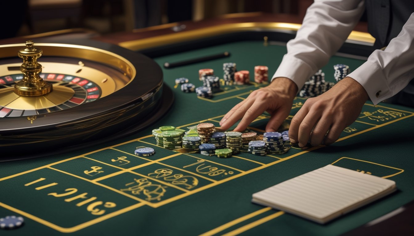 Meja roulette dengan roda berwarna emas, keping taruhan yang tertata, dan tangan dealer menempatkan sebuah keping.