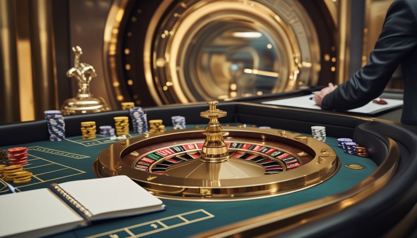Meja roulette bertema emas dengan roda roulette, keping taruhan, dan buku catatan strategi di dalam suasana kasino modern.