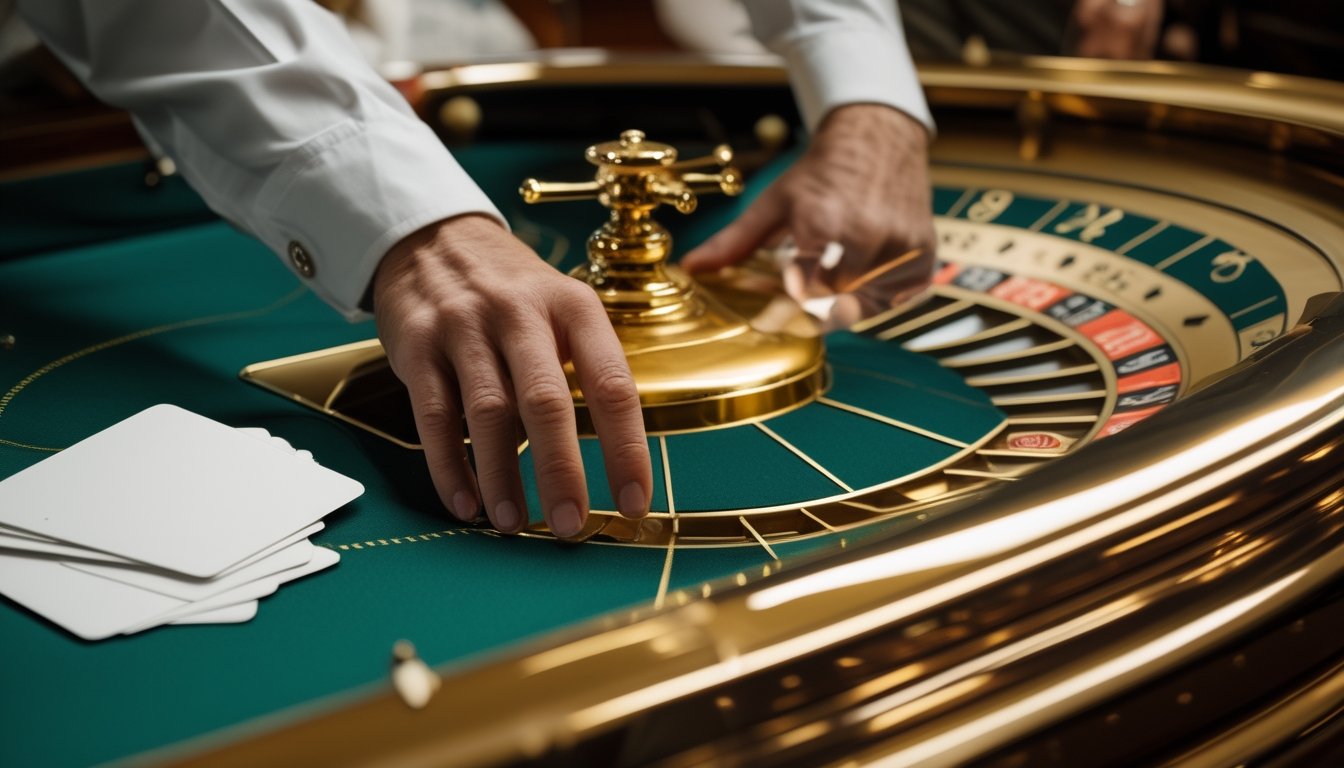 Tangan seseorang mengamati roda roulette berwarna emas dan kartu kosong di meja kasino.
