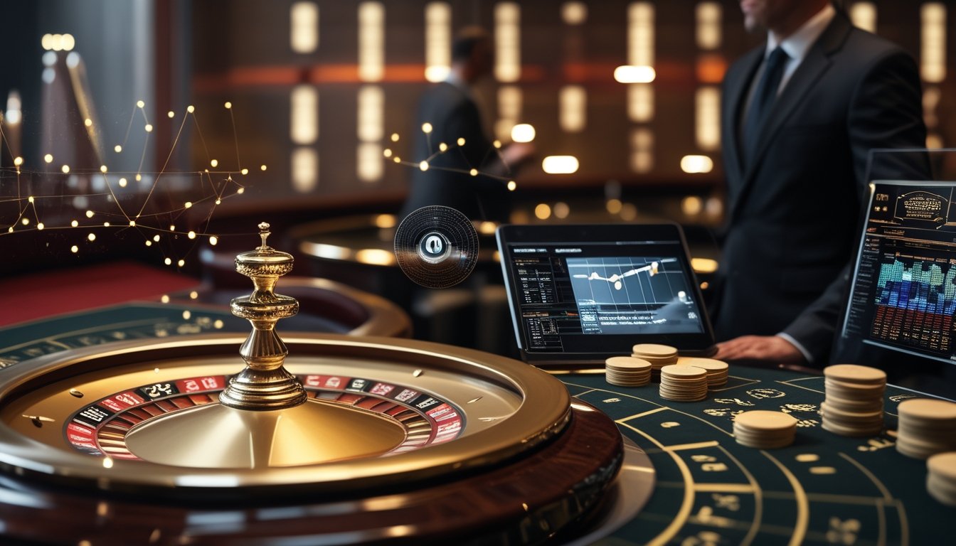 Roda roulette emas, keping taruhan, dan analis yang mengamati grafik peluang di suasana kasino.