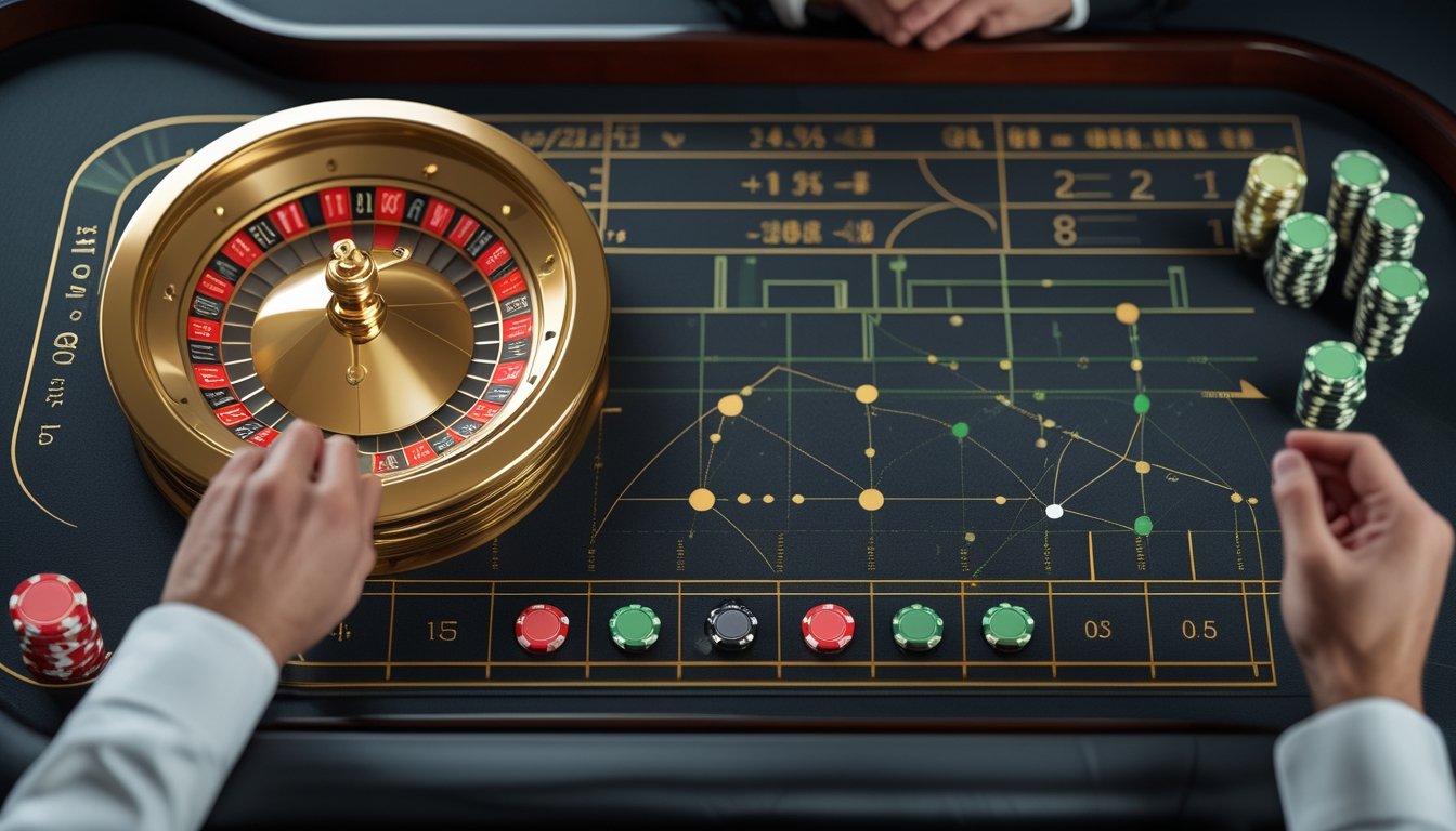 Roda roulette bernuansa emas dengan bola, keping taruhan, dan elemen visual analisis probabilitas di atas meja kasino.