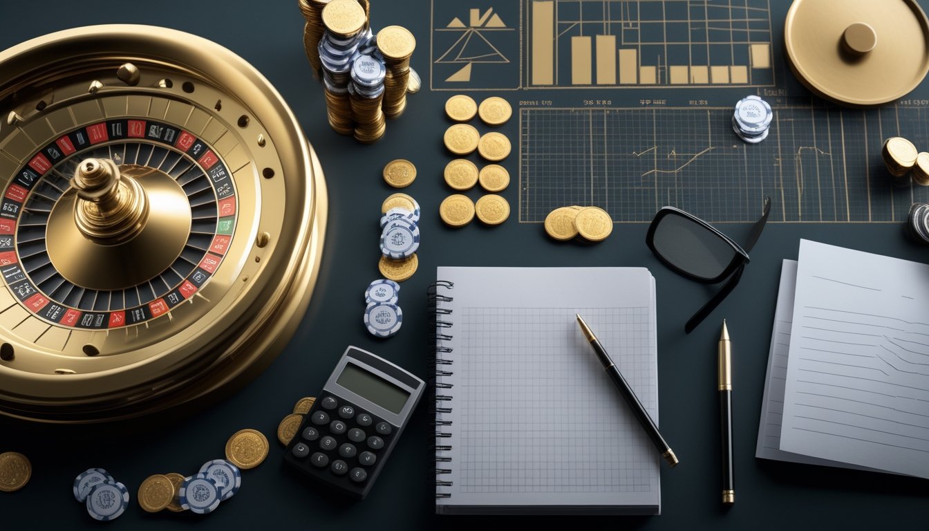 Roda roulette emas, keping taruhan, kalkulator, dan buku catatan tersusun di atas meja.
